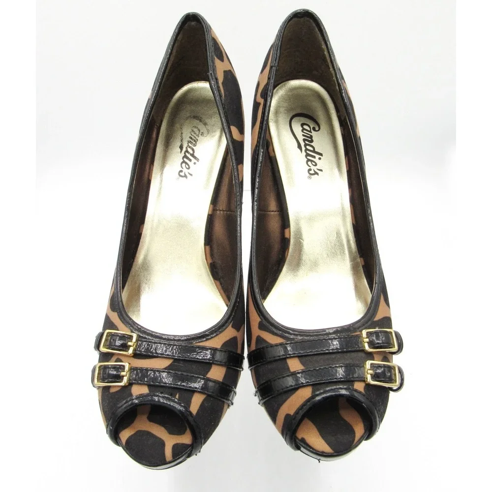 Candies Heels Brown & Black Leopard Fabric 3.5-Inch Heel Peep Toe Size 7M